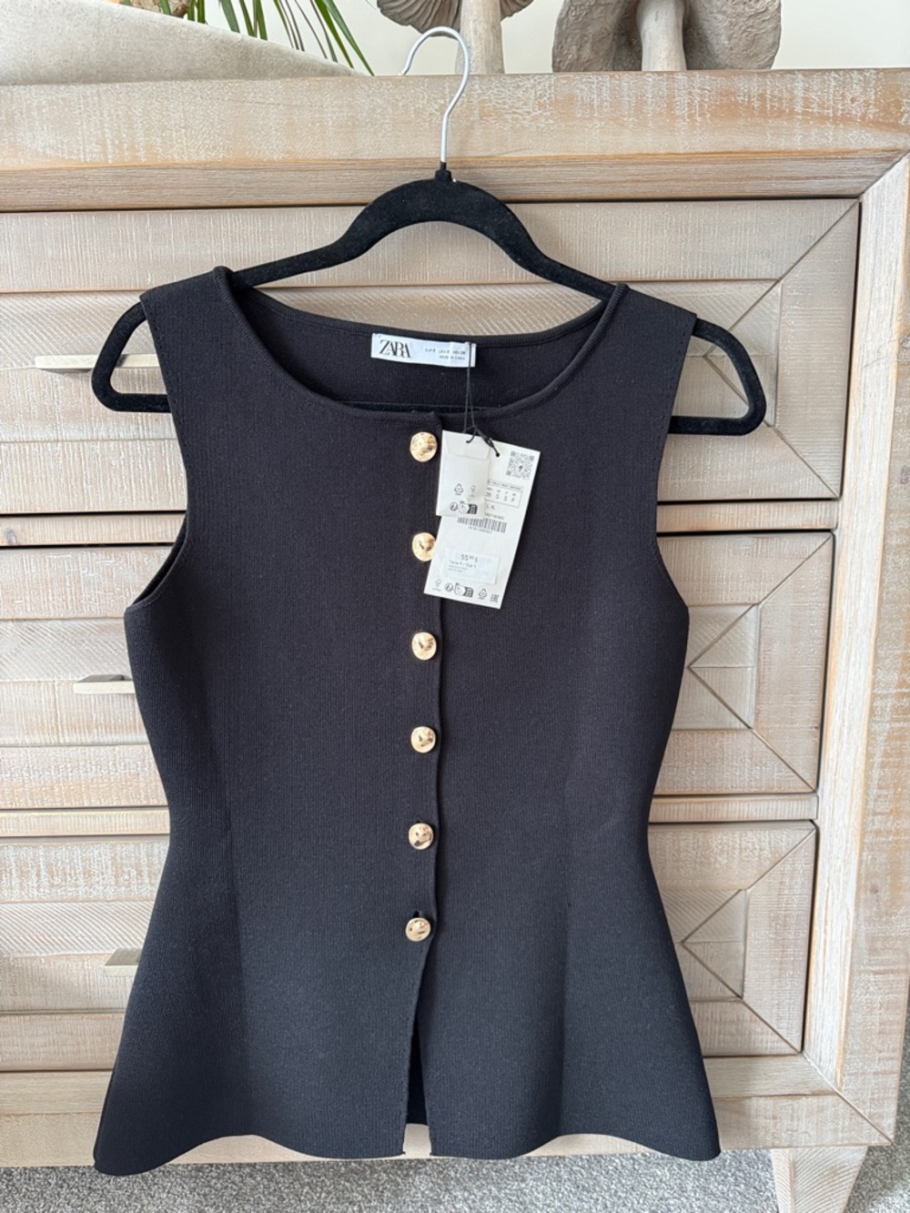 Zara Black Sleeveless Peplum Midi Dress with Gold Buttons